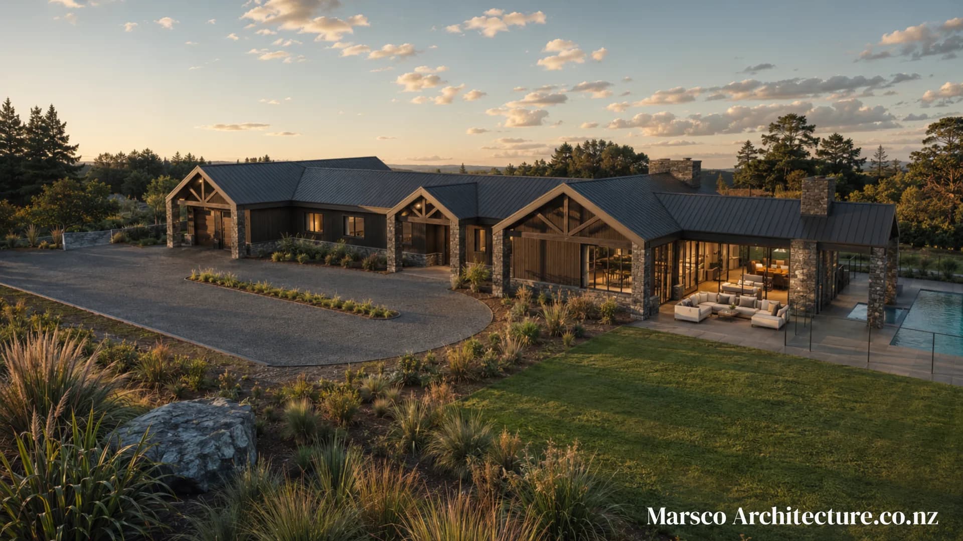 Contemporary lodge luxury family home exterior New Zealand, Marsco Architecture