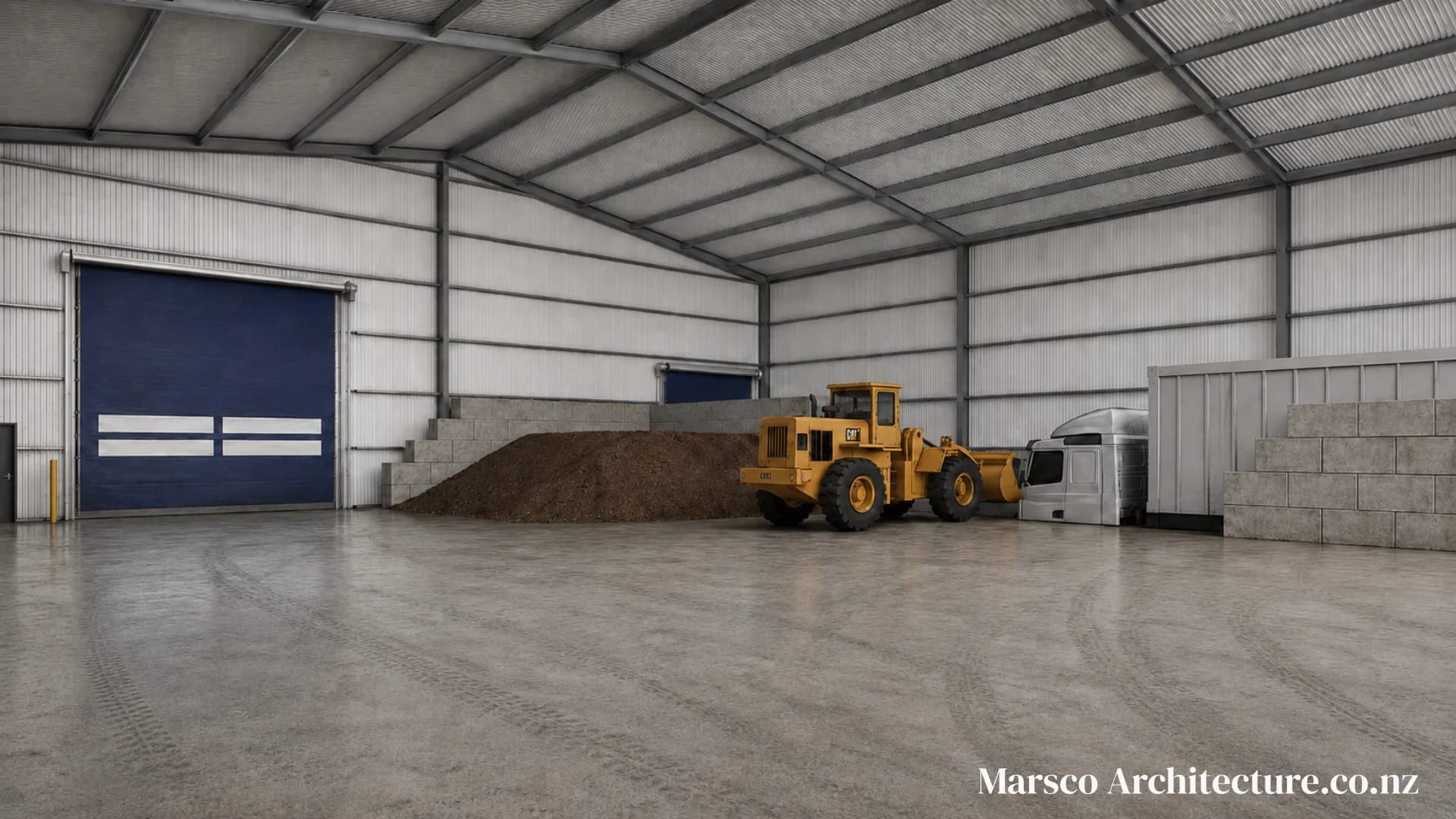 Industrial waste industry facility interior loader perspective North Island, Marsco Architecture